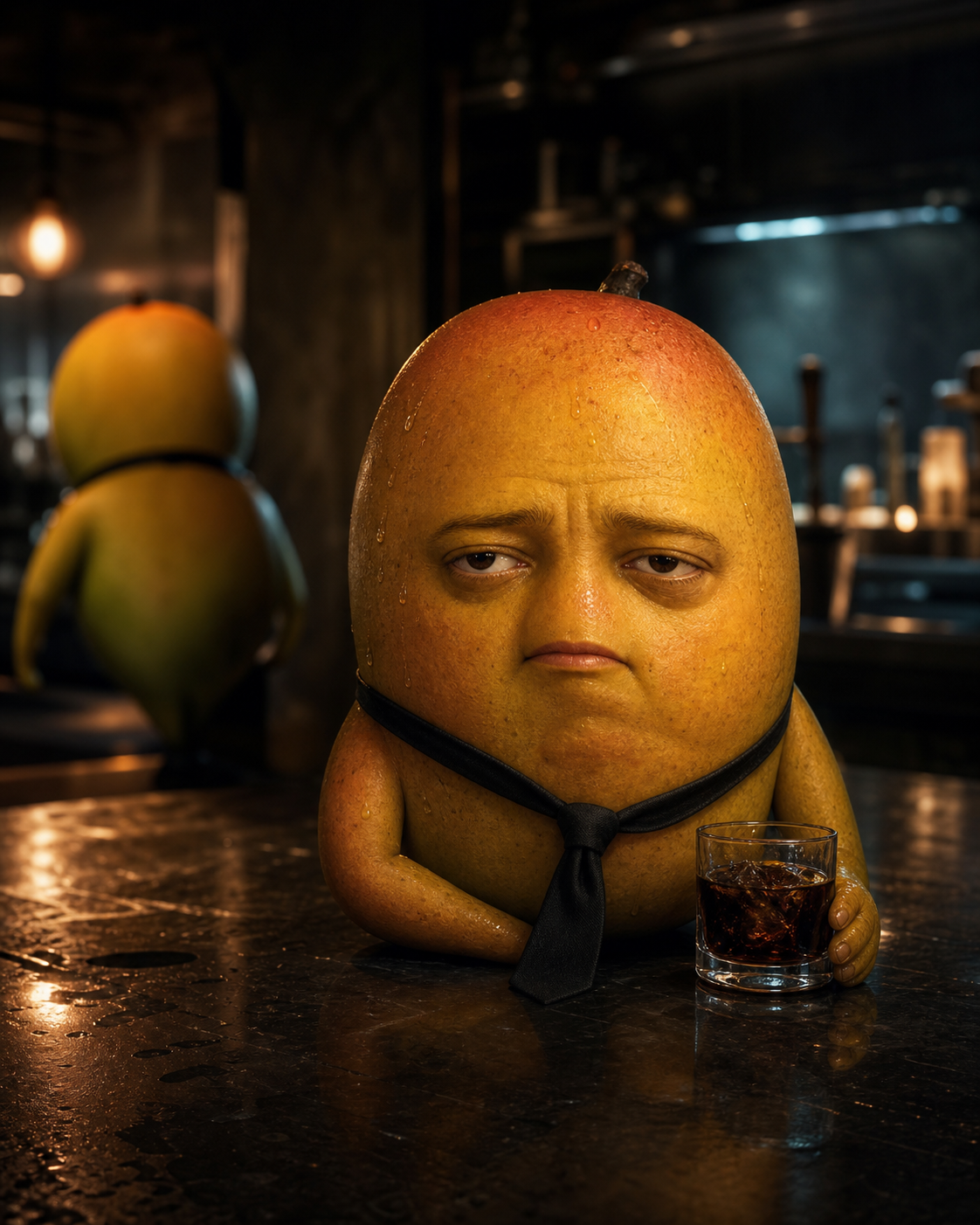 Cinematic adult talking mango character concept