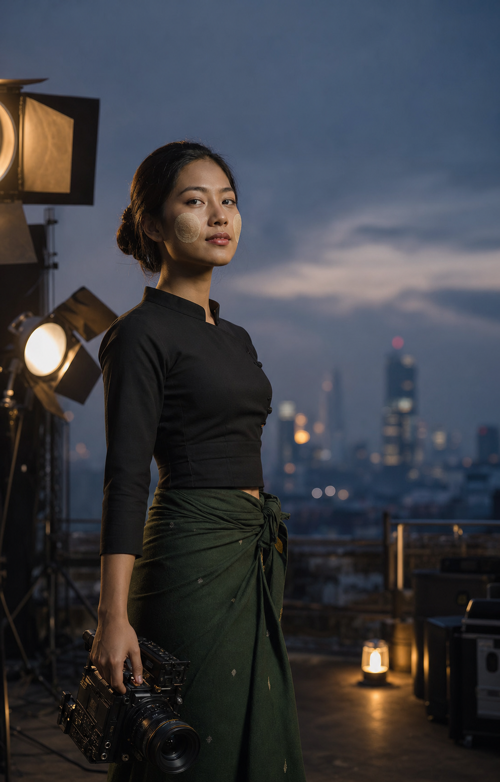 Myanmar AI filmmaker on a rooftop studio